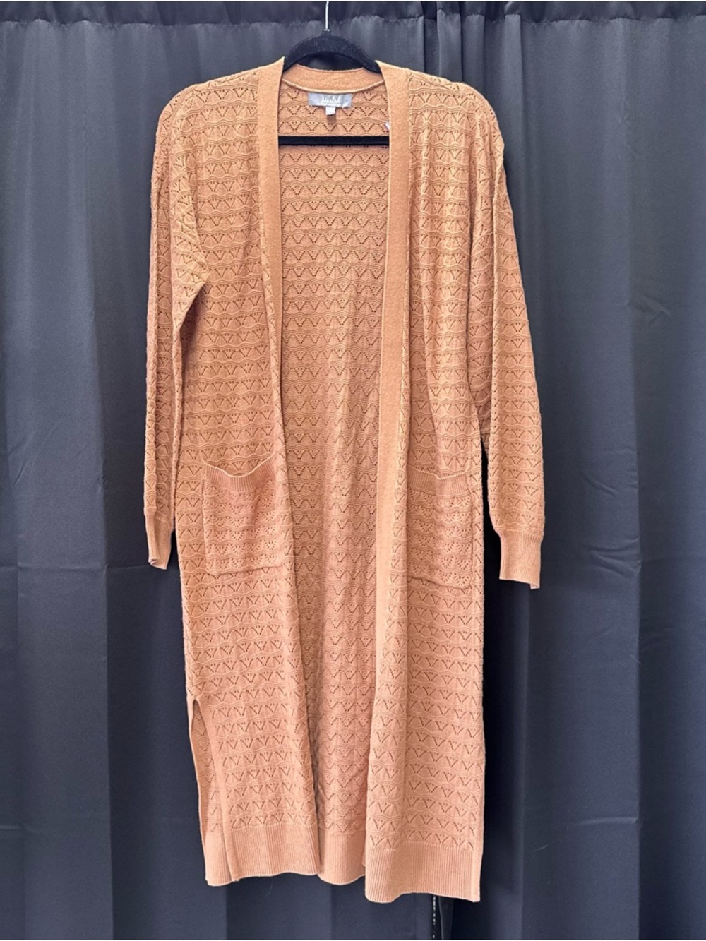 Marled Long Open-Front Knit Cardigan in Camel